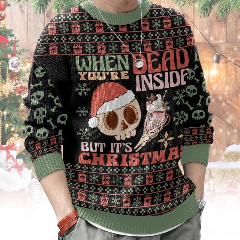 Hooktab Skeleton "When You Are Dead Inside But It's Christmas" Ugly Christmas Sweater Hooktab Skeleton "When You Are Dead Inside But It's Christmas" Ugly Christmas Sweater