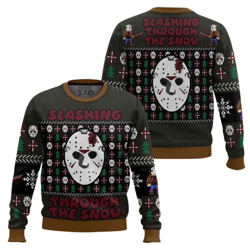 Hooktab Slashing Through The Snow Friday The 13th Ugly Christmas Sweater Hooktab Slashing Through The Snow Friday The 13th Ugly Christmas Sweater