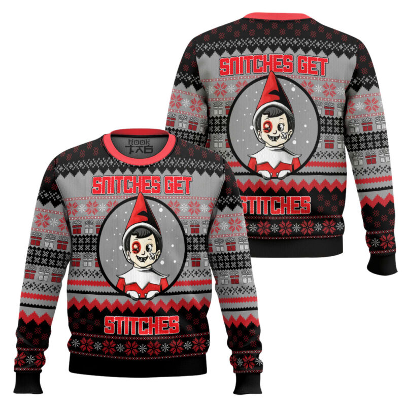 Hooktab Snitches Get Stitches Elf On The Shelf Ugly Christmas Sweater Hooktab Snitches Get Stitches Elf On The Shelf Ugly Christmas Sweater