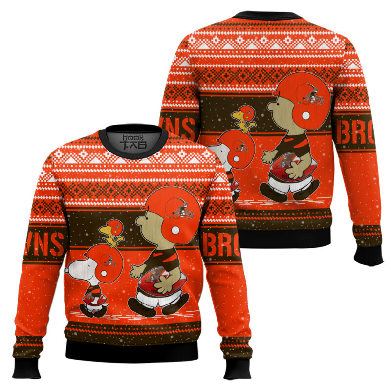 Hooktab Snoopy And Charlie Brown Cleveland Browns Ugly Sweater Hooktab Snoopy And Charlie Brown Cleveland Browns Ugly Sweater