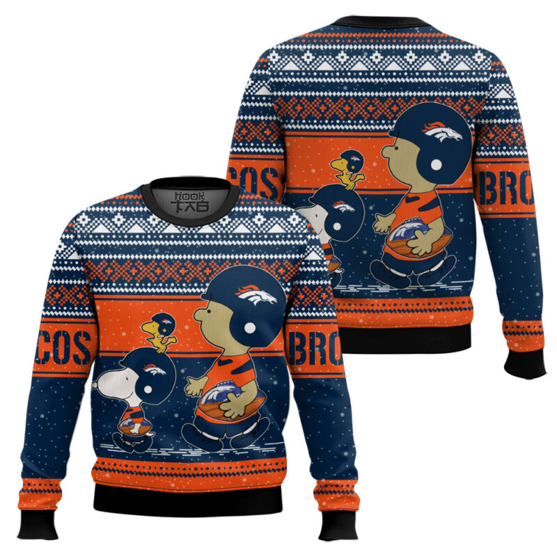 Hooktab Snoopy And Charlie Brown Denver Broncos Ugly Sweater Hooktab Snoopy And Charlie Brown Denver Broncos Ugly Sweater