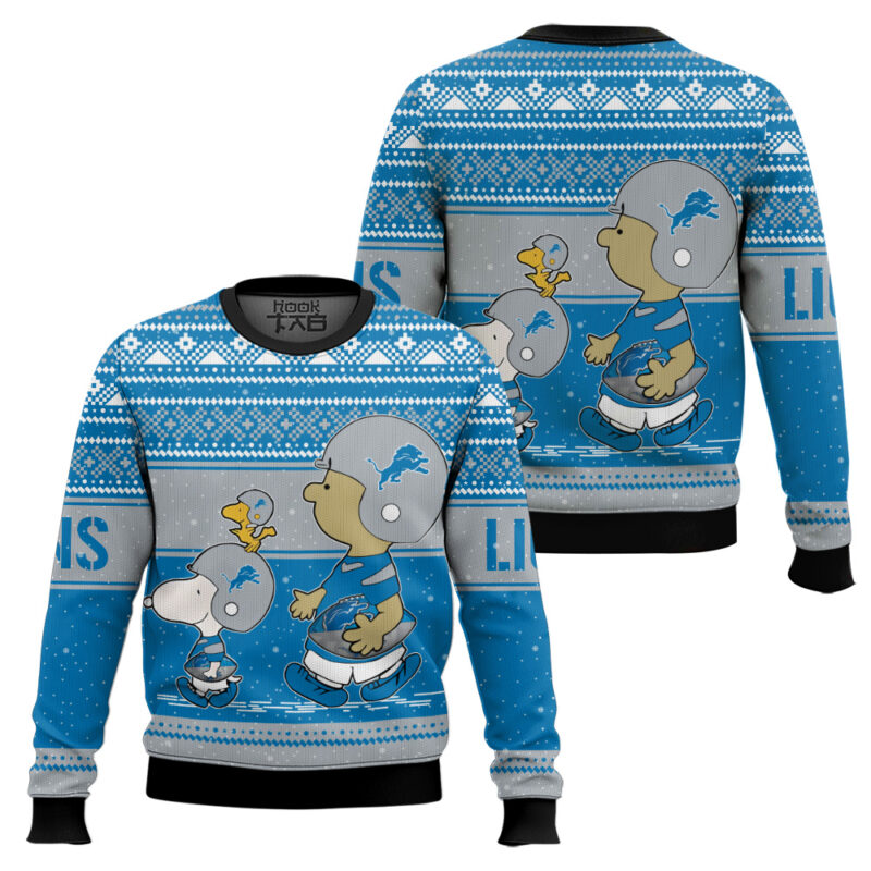 Hooktab Snoopy And Charlie Brown Detroit Lions Ugly Sweater Hooktab Snoopy And Charlie Brown Detroit Lions Ugly Sweater
