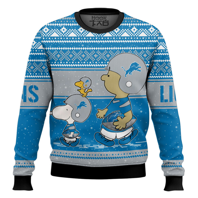 Hooktab Snoopy And Charlie Brown Detroit Lions Ugly Sweater