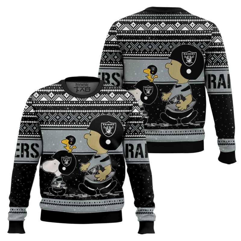 Hooktab Snoopy And Charlie Brown Las Vegas Raiders Ugly Sweater Hooktab Snoopy And Charlie Brown Las Vegas Raiders Ugly Sweater