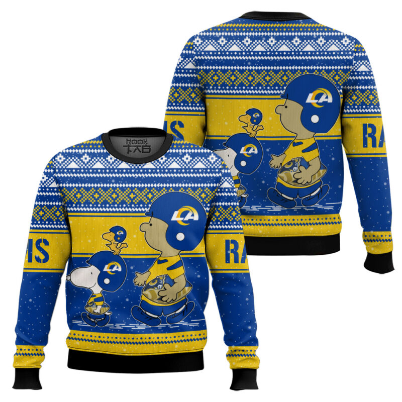 Hooktab Snoopy And Charlie Brown Los Angeles Rams Ugly Sweater Hooktab Snoopy And Charlie Brown Los Angeles Rams Ugly Sweater