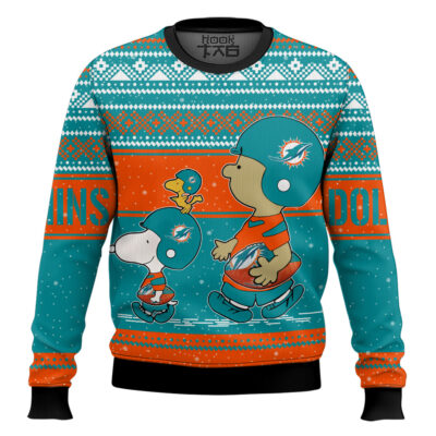 Hooktab Snoopy And Charlie Brown Miami Dolphins Ugly Sweater