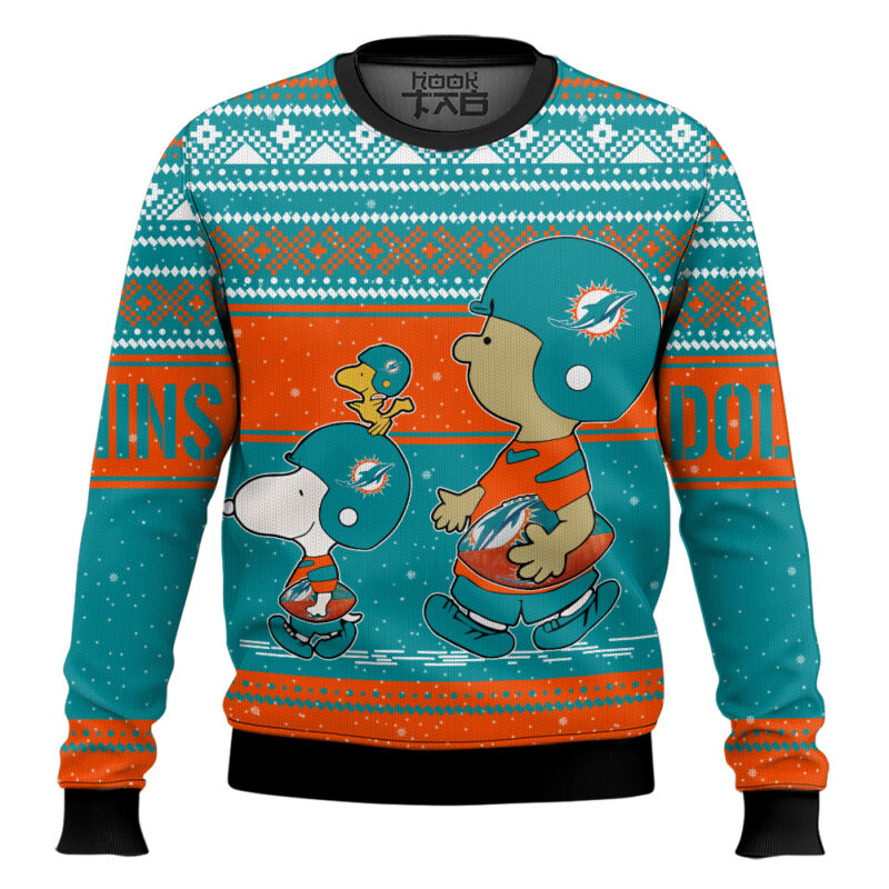 Hooktab Snoopy And Charlie Brown Miami Dolphins Ugly Sweater