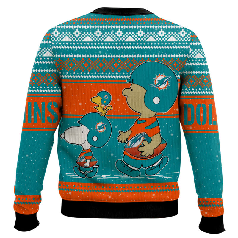 Hooktab Snoopy And Charlie Brown Miami Dolphins Ugly Sweater Hooktab Snoopy And Charlie Brown Miami Dolphins Ugly Sweater