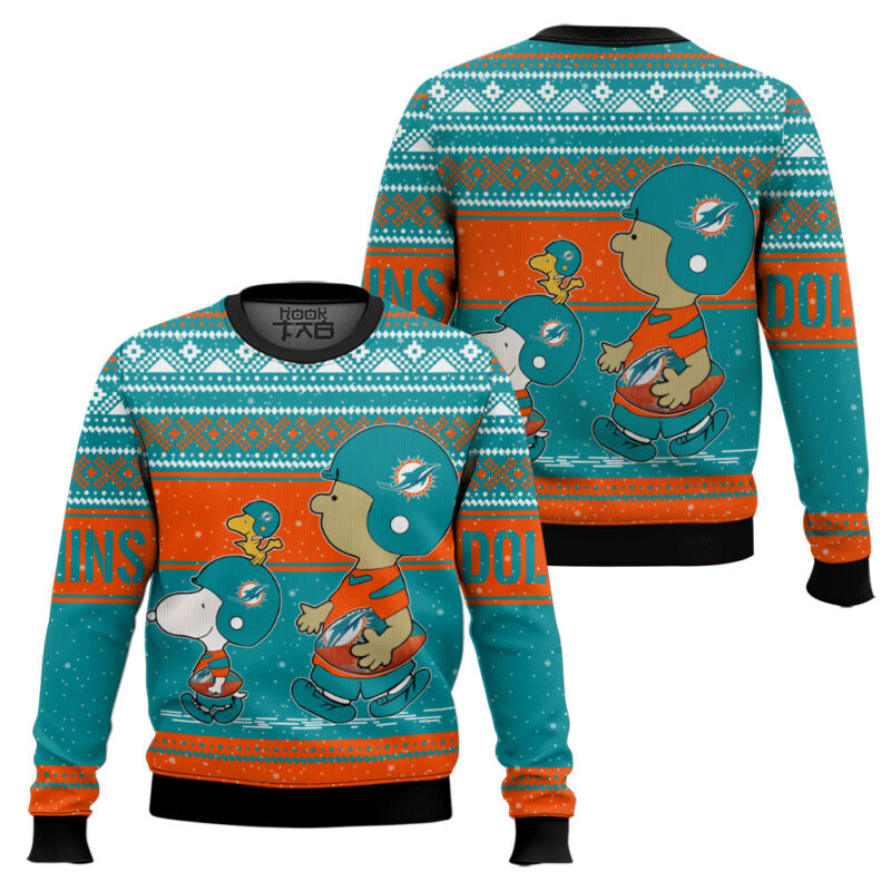 Hooktab Snoopy And Charlie Brown Miami Dolphins Ugly Sweater Hooktab Snoopy And Charlie Brown Miami Dolphins Ugly Sweater