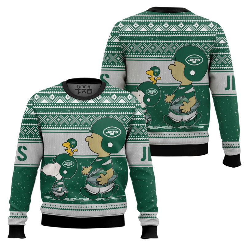 Hooktab Snoopy And Charlie Brown New York Jets Ugly Sweater Hooktab Snoopy And Charlie Brown New York Jets Ugly Sweater