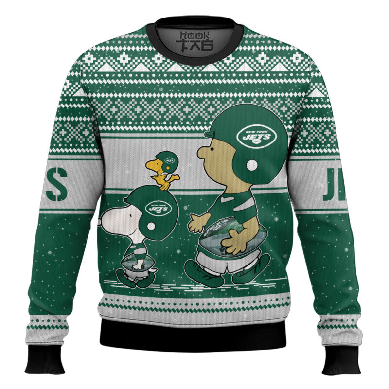 Hooktab Snoopy And Charlie Brown New York Jets Ugly Sweater Hooktab Snoopy And Charlie Brown New York Jets Ugly Sweater