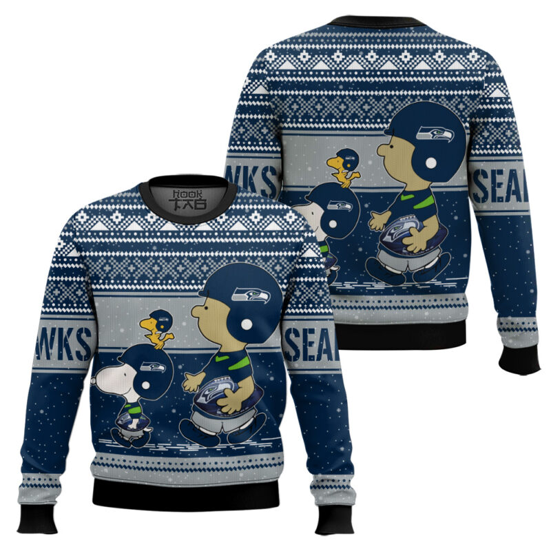 Hooktab Snoopy And Charlie Brown Seattle Seahawks Ugly Sweater Hooktab Snoopy And Charlie Brown Seattle Seahawks Ugly Sweater