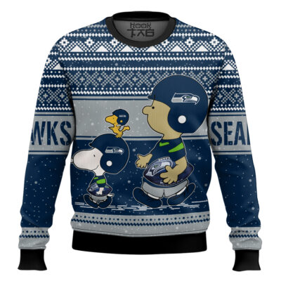 Hooktab Snoopy And Charlie Brown Seattle Seahawks Ugly Sweater