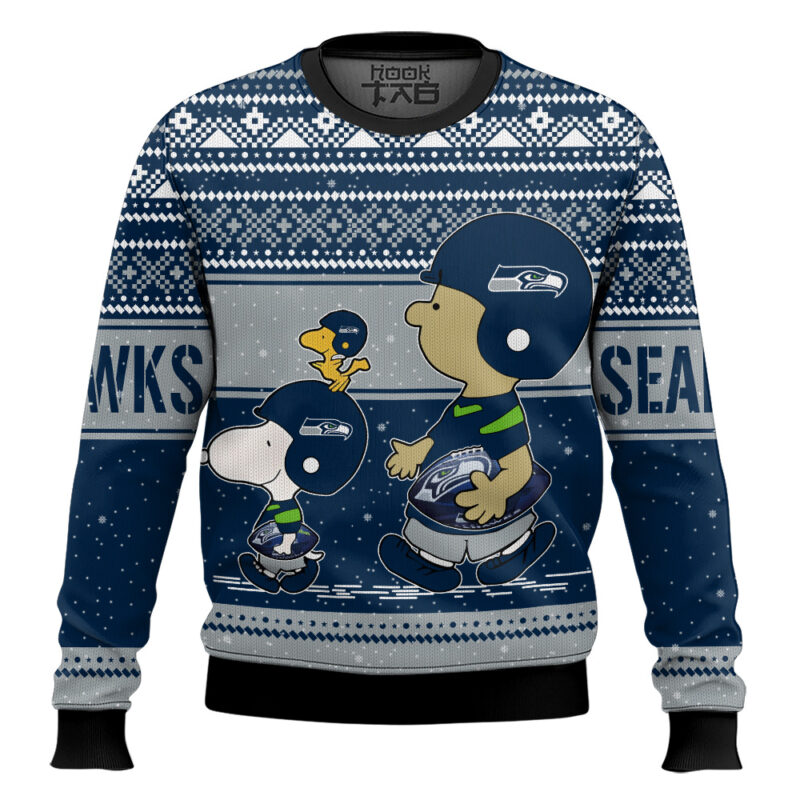 Hooktab Snoopy And Charlie Brown Seattle Seahawks Ugly Sweater Hooktab Snoopy And Charlie Brown Seattle Seahawks Ugly Sweater