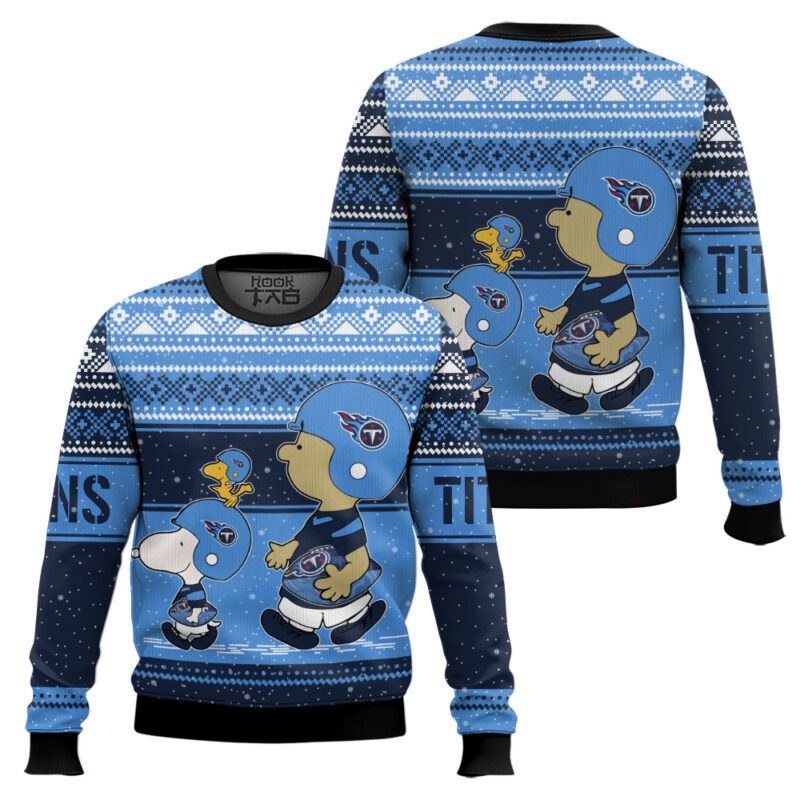 Hooktab Snoopy And Charlie Brown Tennessee Titans Ugly Sweater Hooktab Snoopy And Charlie Brown Tennessee Titans Ugly Sweater