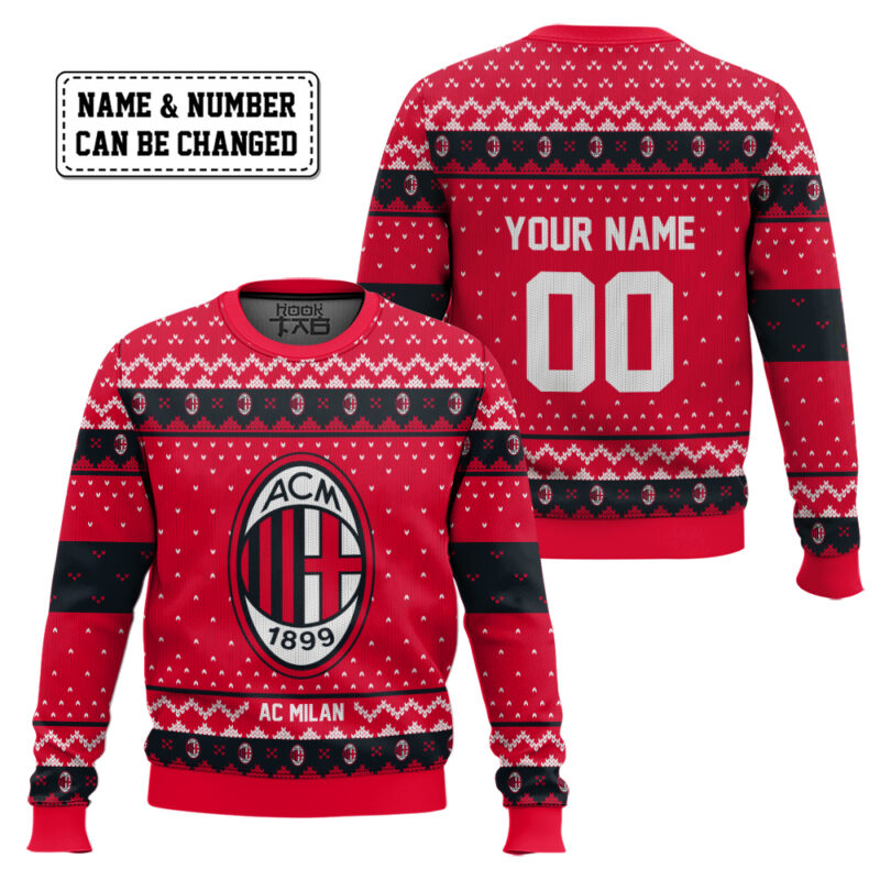 Hooktab Soccer Ac Milan Custom Name And Number Ugly Christmas Sweater Hooktab Soccer Ac Milan Custom Name And Number Ugly Christmas Sweater