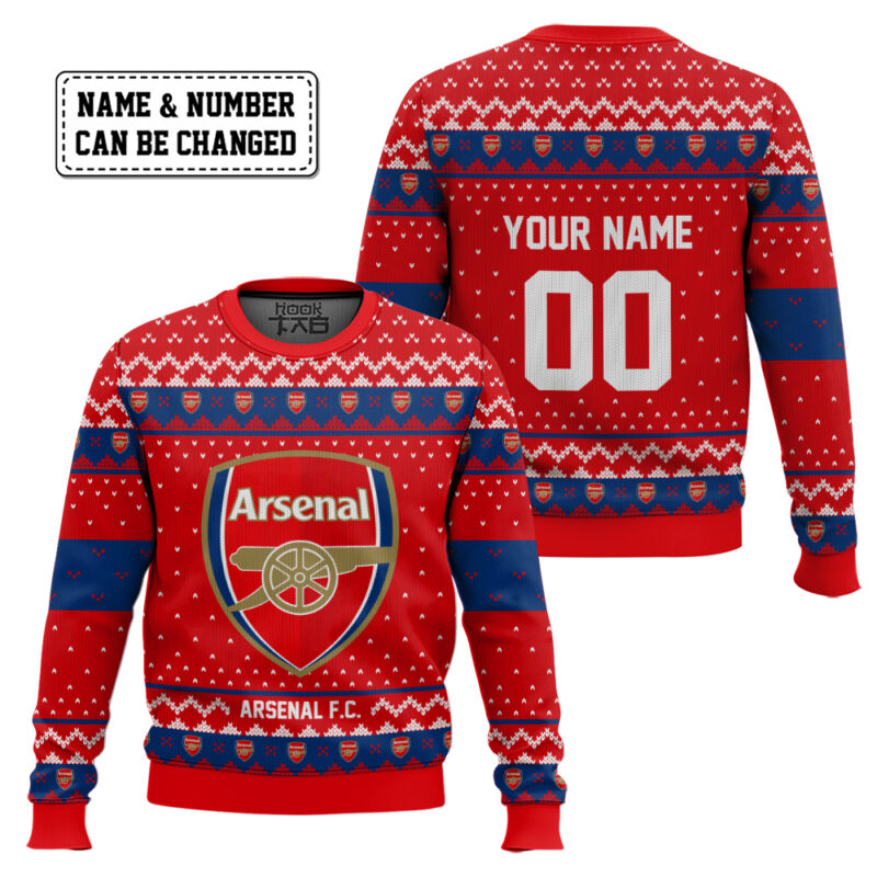 Hooktab Soccer Arsenal F.C. Custom Name And Number Ugly Christmas Sweater Hooktab Soccer Arsenal F.C. Custom Name And Number Ugly Christmas Sweater