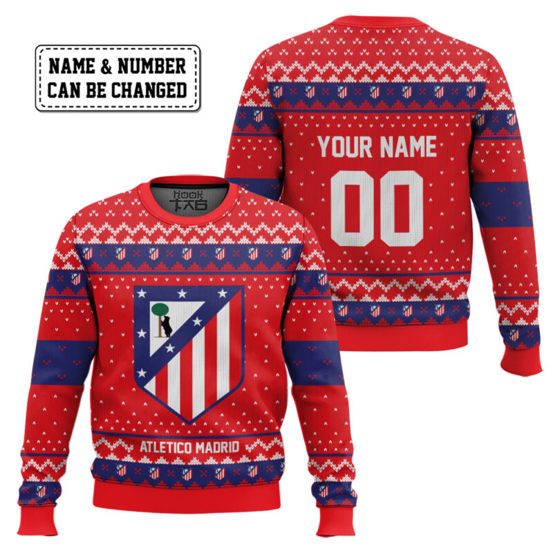 Hooktab Soccer Atlético Madrid Custom Name And Number Ugly Christmas Sweater Hooktab Soccer Atlético Madrid Custom Name And Number Ugly Christmas Sweater