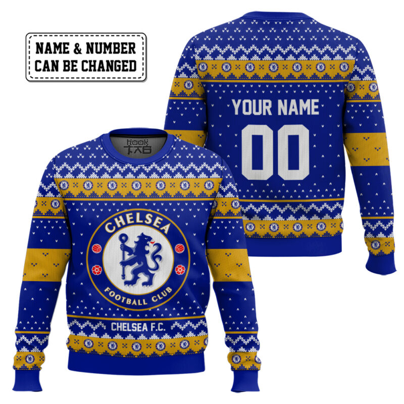 Hooktab Soccer Chelsea F.C. Custom Name And Number Ugly Christmas Sweater Hooktab Soccer Chelsea F.C. Custom Name And Number Ugly Christmas Sweater