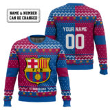 Hooktab Soccer FC Barcelona Custom Name And Number Ugly Christmas Sweater