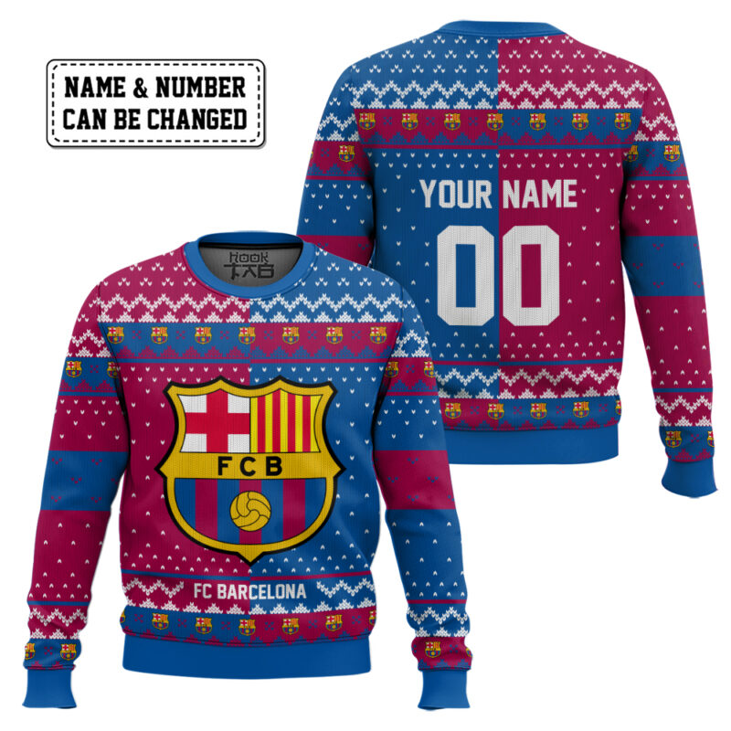 Hooktab Soccer FC Barcelona Custom Name And Number Ugly Christmas Sweater Hooktab Soccer FC Barcelona Custom Name And Number Ugly Christmas Sweater