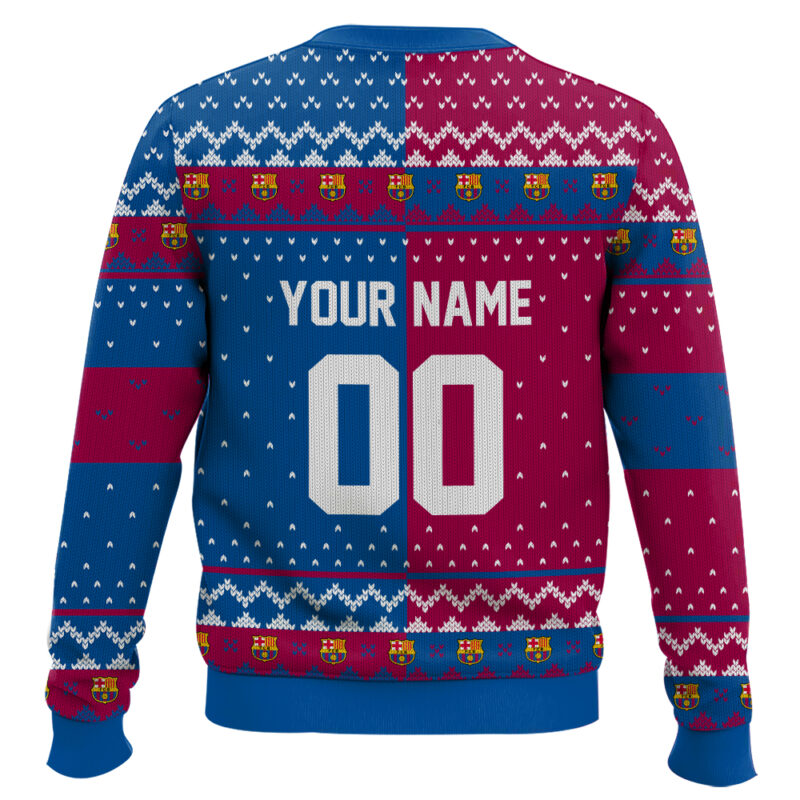 Hooktab Soccer FC Barcelona Custom Name And Number Ugly Christmas Sweater Hooktab Soccer FC Barcelona Custom Name And Number Ugly Christmas Sweater