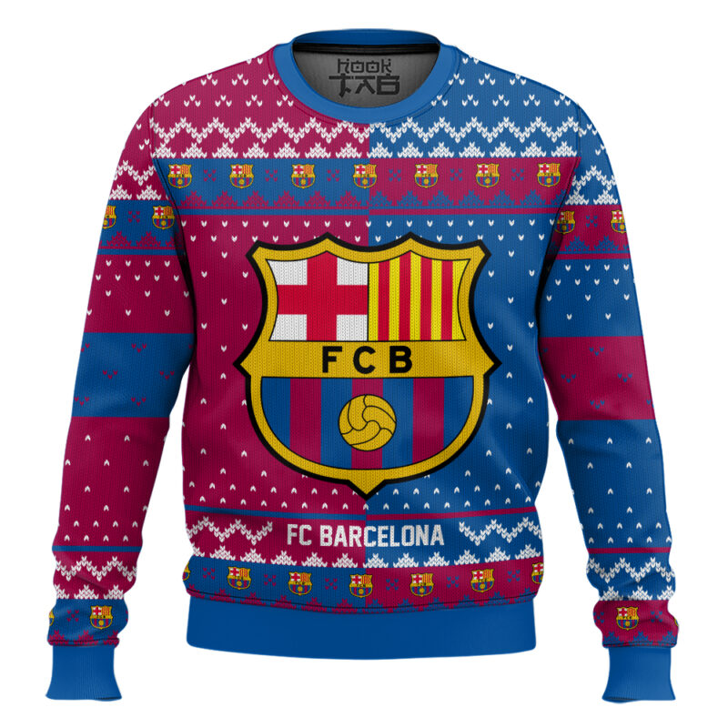 Hooktab Soccer FC Barcelona Custom Name And Number Ugly Christmas Sweater