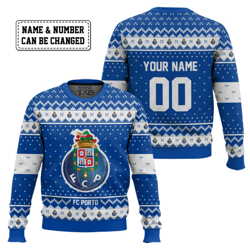 Hooktab Soccer FC Porto Custom Name And Number Ugly Christmas Sweater Hooktab Soccer FC Porto Custom Name And Number Ugly Christmas Sweater