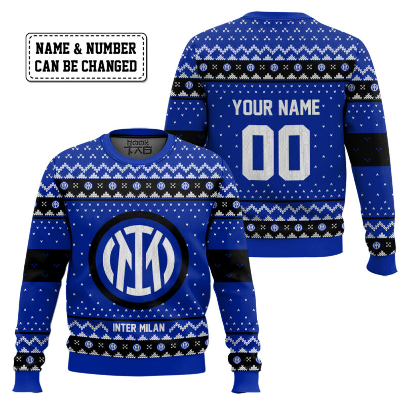 Hooktab Soccer Inter Milan Custom Name And Number Ugly Christmas Sweater Hooktab Soccer Inter Milan Custom Name And Number Ugly Christmas Sweater