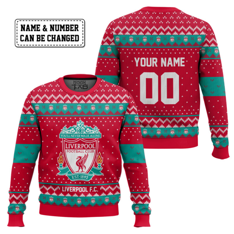 Hooktab Soccer Liverpool F.C. Custom Name And Number Ugly Christmas Sweater Hooktab Soccer Liverpool F.C. Custom Name And Number Ugly Christmas Sweater