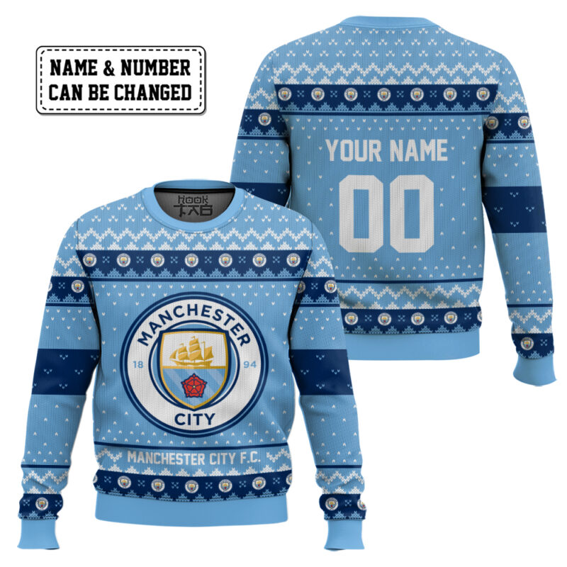 Hooktab Soccer Manchester City F.C. Custom Name And Number Ugly Christmas Sweater Hooktab Soccer Manchester City F.C. Custom Name And Number Ugly Christmas Sweater