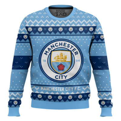 Hooktab Soccer Manchester City F.C. Custom Name And Number Ugly Christmas Sweater