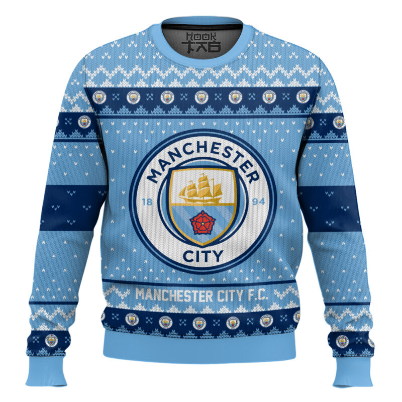 Hooktab Soccer Manchester City F.C. Custom Name And Number Ugly Christmas Sweater