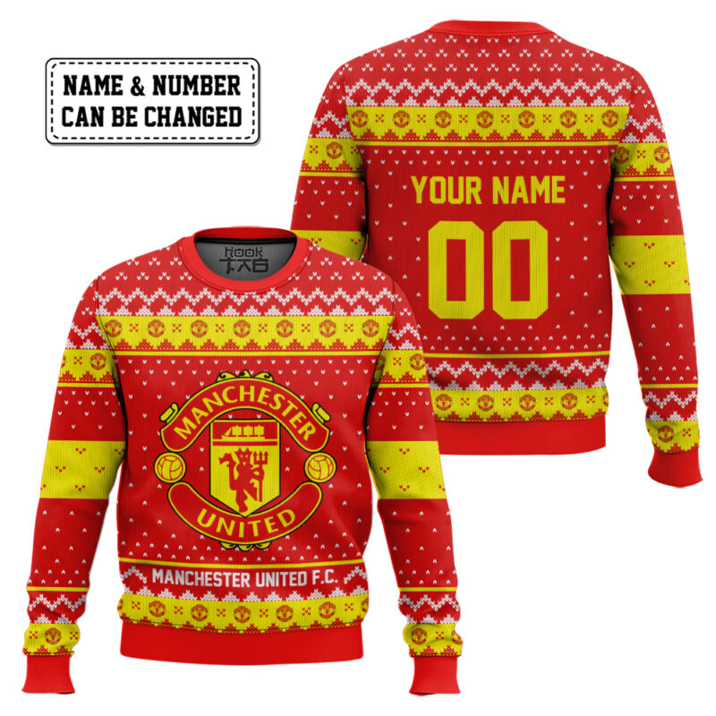 Hooktab Soccer Manchester United F.C. Custom Name And Number Ugly Christmas Sweater Hooktab Soccer Manchester United F.C. Custom Name And Number Ugly Christmas Sweater