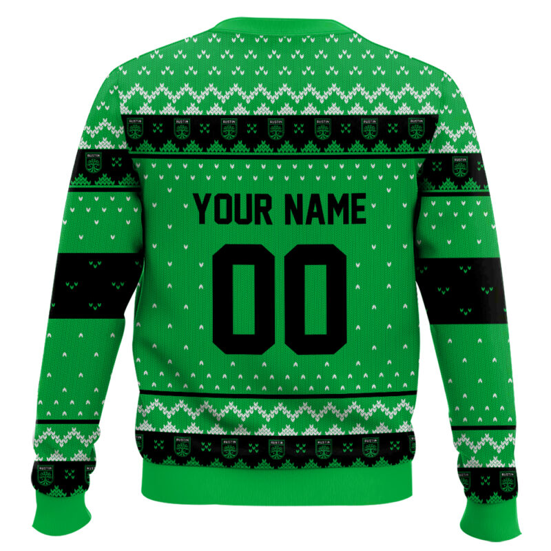 Hooktab Soccer MLS Austin FC Custom Name And Number Ugly Christmas Sweater Hooktab Soccer MLS Austin FC Custom Name And Number Ugly Christmas Sweater