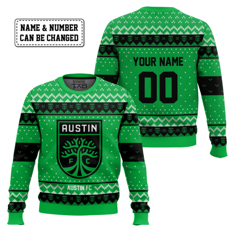 Hooktab Soccer MLS Austin FC Custom Name And Number Ugly Christmas Sweater Hooktab Soccer MLS Austin FC Custom Name And Number Ugly Christmas Sweater