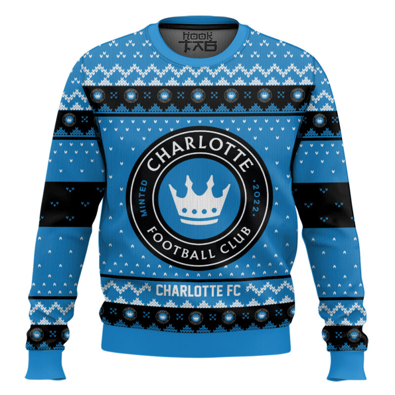Hooktab Soccer MLS Charlotte FC Custom Name And Number Ugly Christmas Sweater