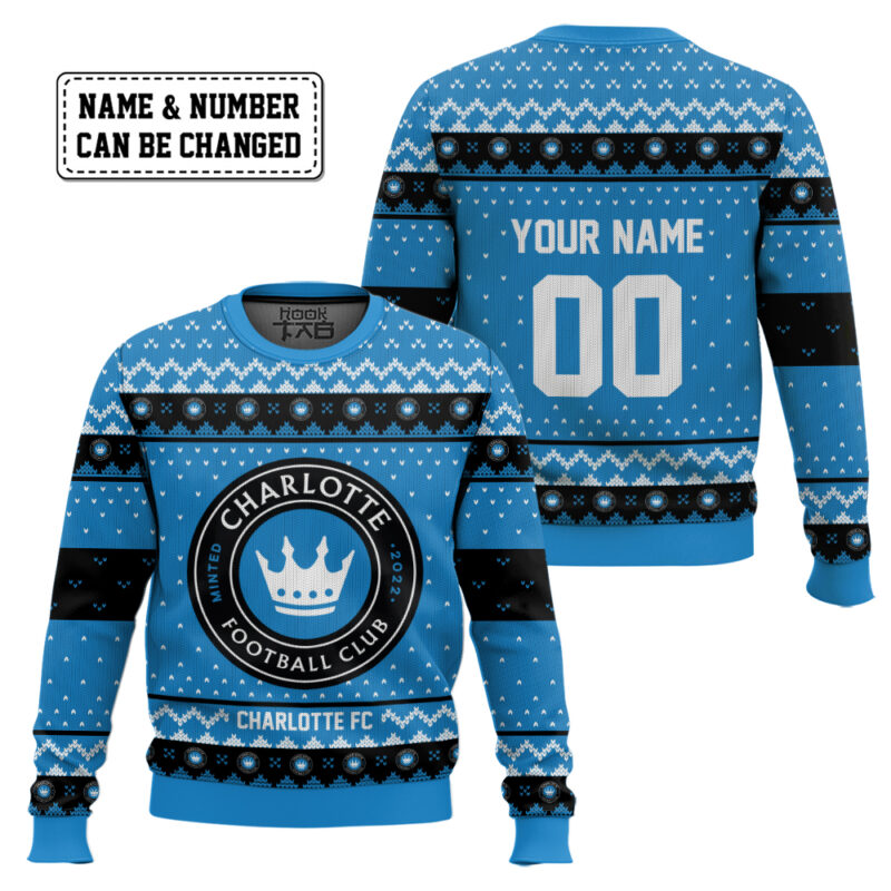 Hooktab Soccer MLS Charlotte FC Custom Name And Number Ugly Christmas Sweater Hooktab Soccer MLS Charlotte FC Custom Name And Number Ugly Christmas Sweater