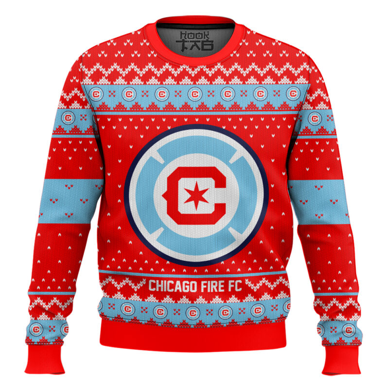 Hooktab Soccer MLS Chicago Fire FC Custom Name And Number Ugly Christmas Sweater