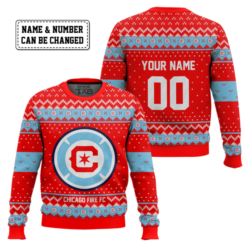 Hooktab Soccer MLS Chicago Fire FC Custom Name And Number Ugly Christmas Sweater Hooktab Soccer MLS Chicago Fire FC Custom Name And Number Ugly Christmas Sweater