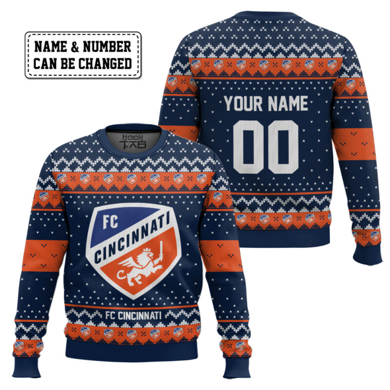 Hooktab Soccer MLS FC Cincinnati Custom Name And Number Ugly Christmas Sweater Hooktab Soccer MLS FC Cincinnati Custom Name And Number Ugly Christmas Sweater