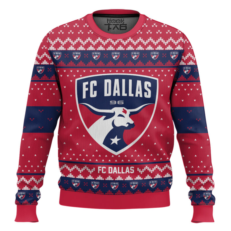 Hooktab Soccer MLS FC Dallas Custom Name And Number Ugly Christmas Sweater