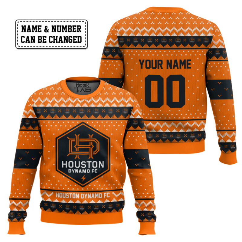 Hooktab Soccer MLS Houston Dynamo FC Custom Name And Number Ugly Christmas Sweater Hooktab Soccer MLS Houston Dynamo FC Custom Name And Number Ugly Christmas Sweater