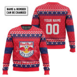 Hooktab Soccer MLS New York Red Bulls Custom Name And Number Ugly Christmas Sweater