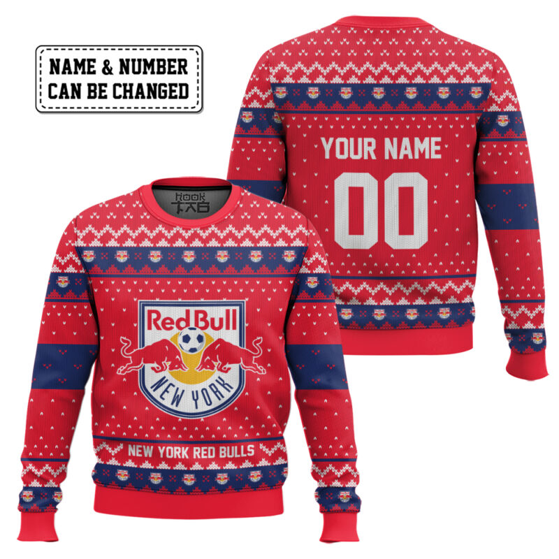 Hooktab Soccer MLS New York Red Bulls Custom Name And Number Ugly Christmas Sweater Hooktab Soccer MLS New York Red Bulls Custom Name And Number Ugly Christmas Sweater