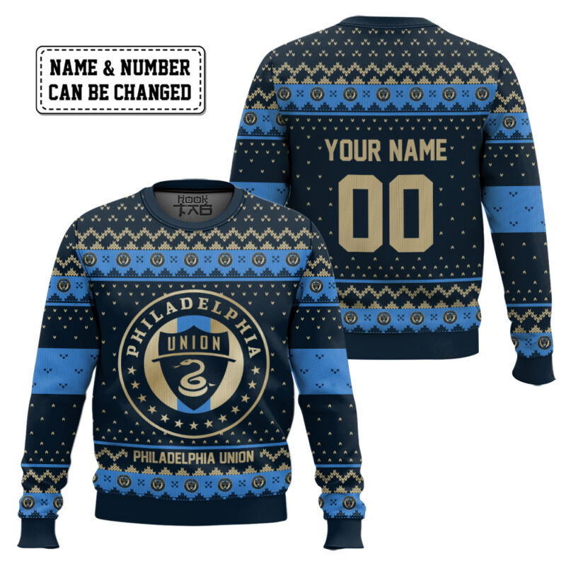 Hooktab Soccer MLS Philadelphia Union Custom Name And Number Ugly Christmas Sweater Hooktab Soccer MLS Philadelphia Union Custom Name And Number Ugly Christmas Sweater