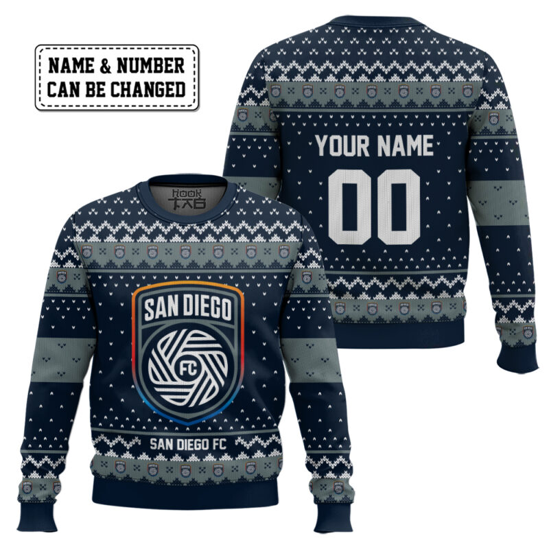 Hooktab Soccer MLS San Diego FC Custom Name And Number Ugly Christmas Sweater Hooktab Soccer MLS San Diego FC Custom Name And Number Ugly Christmas Sweater