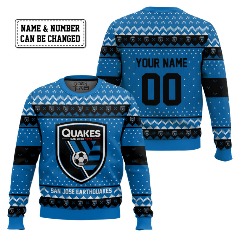 Hooktab Soccer MLS San Jose Earthquakes Custom Name And Number Ugly Christmas Sweater Hooktab Soccer MLS San Jose Earthquakes Custom Name And Number Ugly Christmas Sweater
