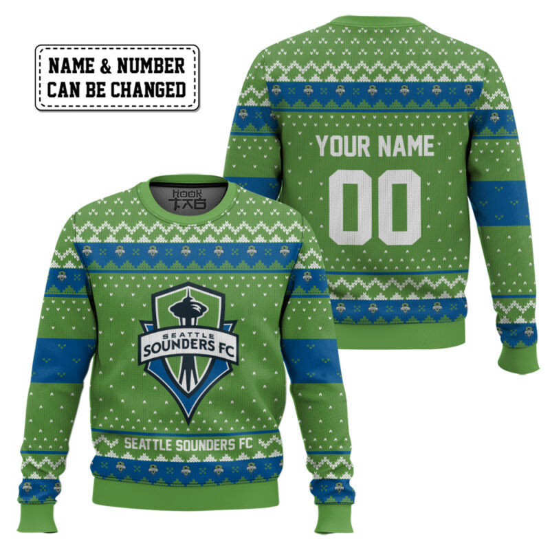 Hooktab Soccer MLS Seattle Sounders FC Custom Name And Number Ugly Christmas Sweater Hooktab Soccer MLS Seattle Sounders FC Custom Name And Number Ugly Christmas Sweater