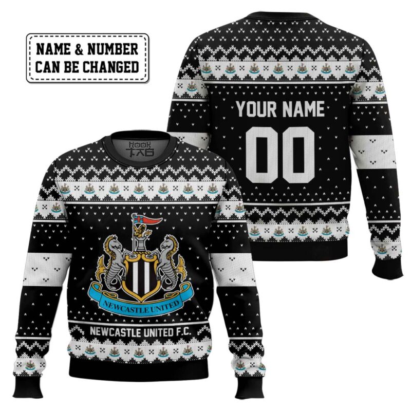 Hooktab Soccer Newcastle United F.C. Custom Name And Number Ugly Christmas Sweater Hooktab Soccer Newcastle United F.C. Custom Name And Number Ugly Christmas Sweater